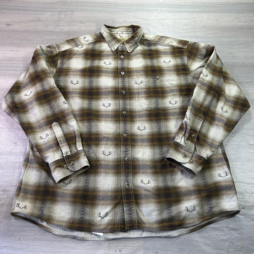 Cabela's Shirt Mens XLT Brown Plaid Deerskin Chamois Flannel Button Up
